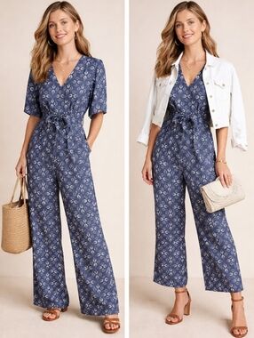 Anthropologie -Laia Norma jump suit wide leg floral v-neck back zipper size XS